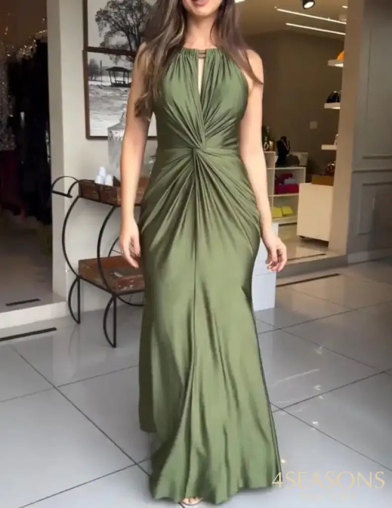 Womens Dresses 2025 New Satin Sleeveless Hollow Out Twist Front Evening Dress Tied Detail Backless Zipper Back Mermaid