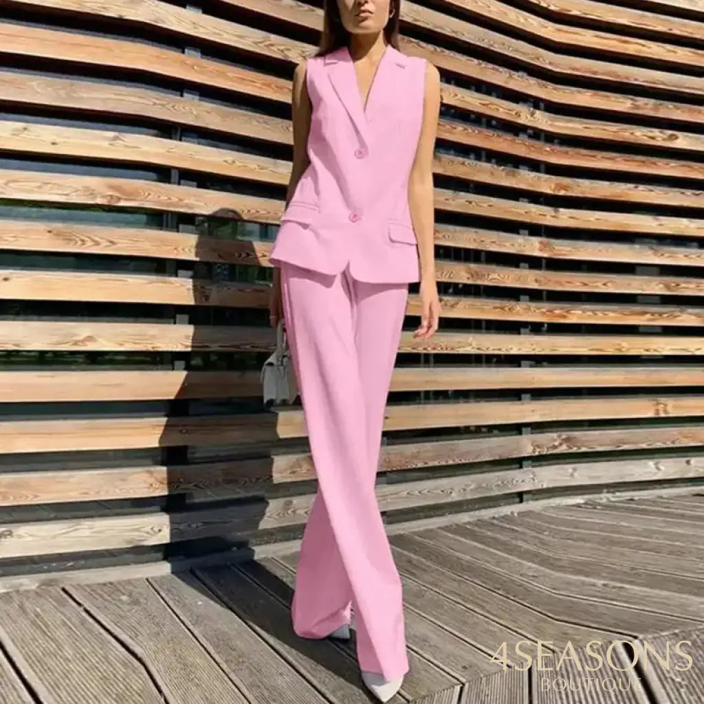 Elegant Shoulder Pads Waistcoat Pants Set Women Lapel Two Buttons Sleeveless Blazer Wide Leg Pants 2025 Summer Lady