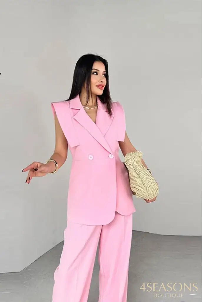 Elegant Shoulder Pads Waistcoat Pants Set Women Lapel Two Buttons Sleeveless Blazer Wide Leg Pants 2025 Summer Lady