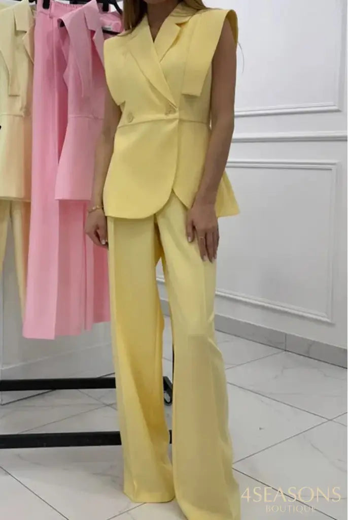 Elegant Shoulder Pads Waistcoat Pants Set Women Lapel Two Buttons Sleeveless Blazer Wide Leg Pants 2025 Summer Lady