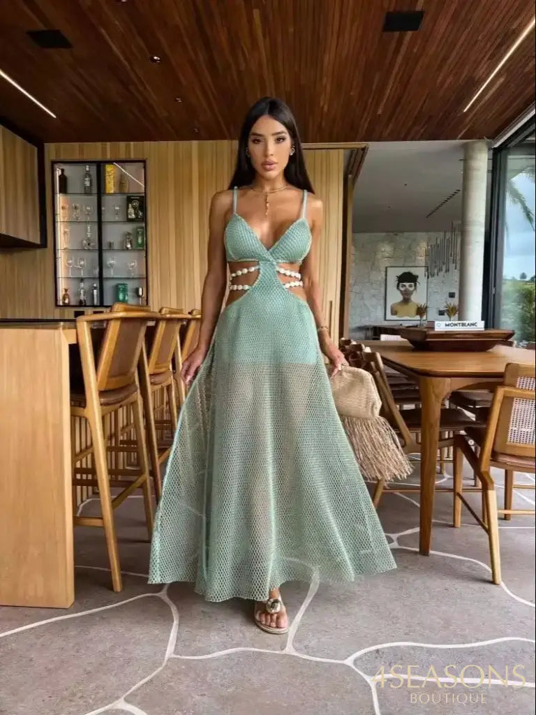 New Sexy Solid Women Dress V Neck Sleeveless High Cut Naked Waist Long Dress Fashion Evening Party Dress 1 / XL