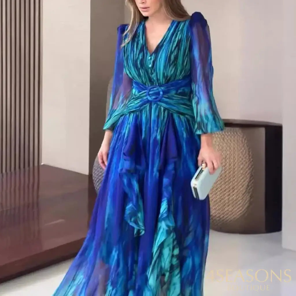 Women Chic Cross Waisted Party Evening Dress 2024 Elegant V-Nek Long Sleeve French Retro Pleat