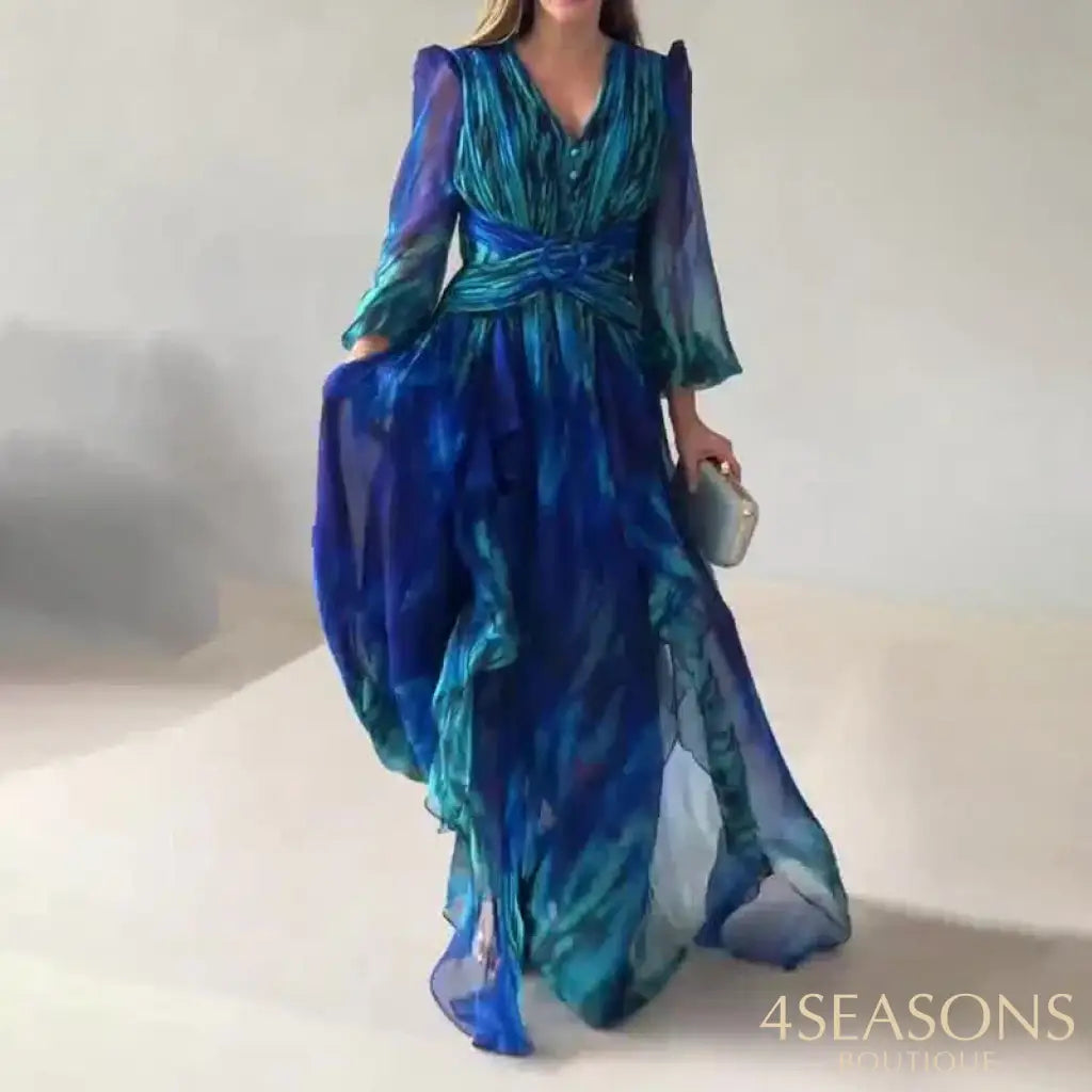 Women Chic Cross Waisted Party Evening Dress 2024 Elegant V-Nek Long Sleeve French Retro Pleat