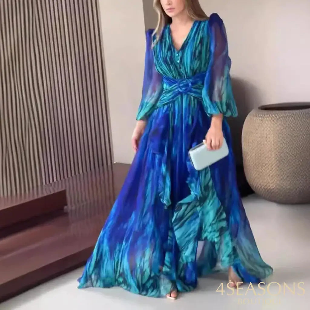 Women Chic Cross Waisted Party Evening Dress 2024 Elegant V-Nek Long Sleeve French Retro Pleat