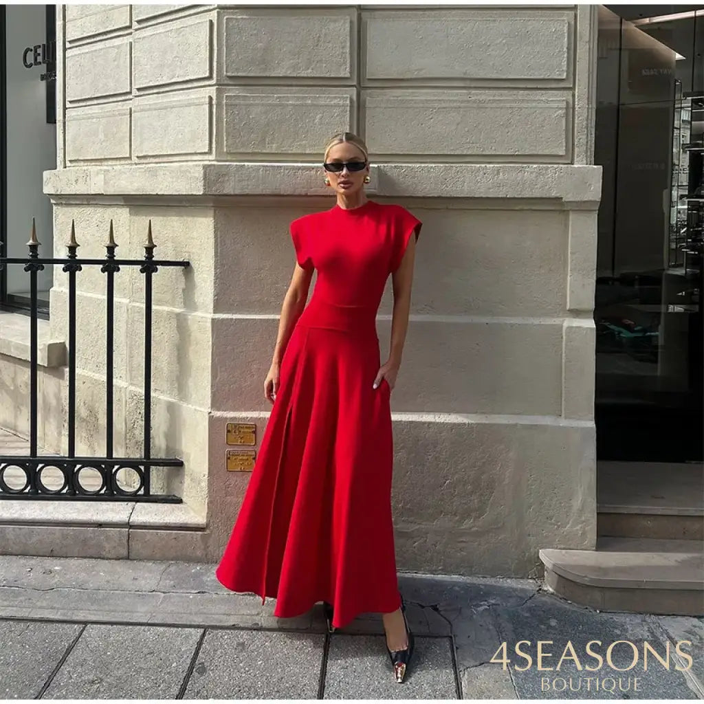 Elegant Half High Collar Solid Long Dress Women Fashion Short Sleeve Split A-Line Dresses 2024 New