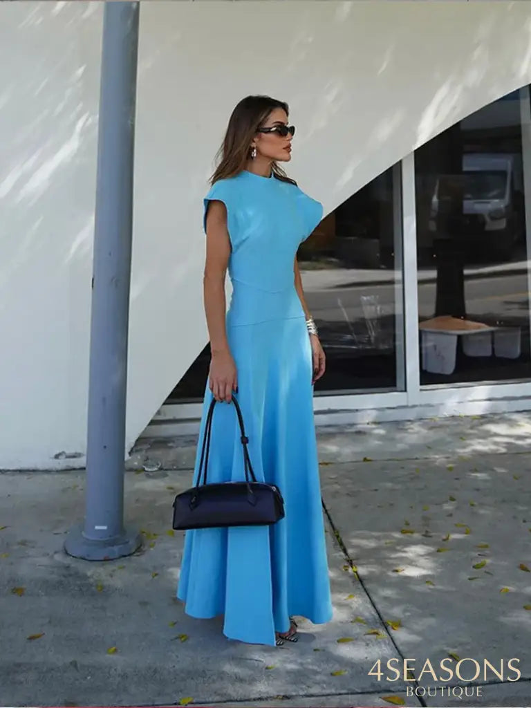 Elegant Half High Collar Solid Long Dress Women Fashion Short Sleeve Split A-Line Dresses 2024 New