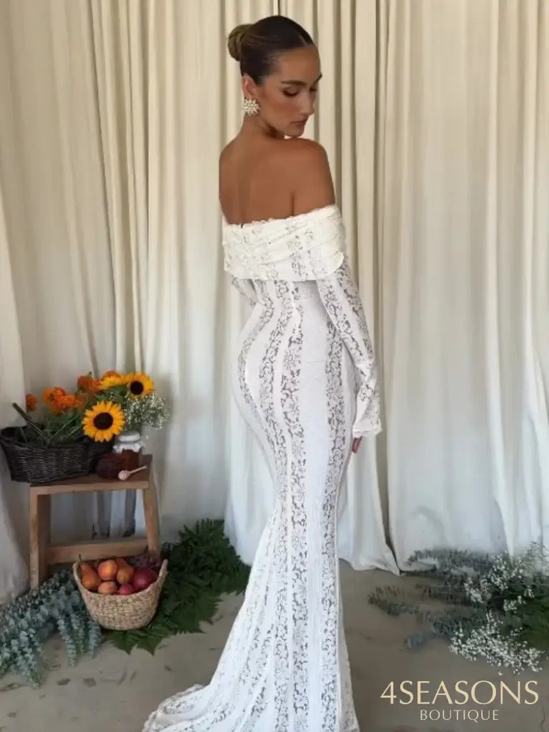 White Floral Lace Off-Shoulder Maxi Dress For Women Elegant Strapless Backless Long Sleeve Bodycon