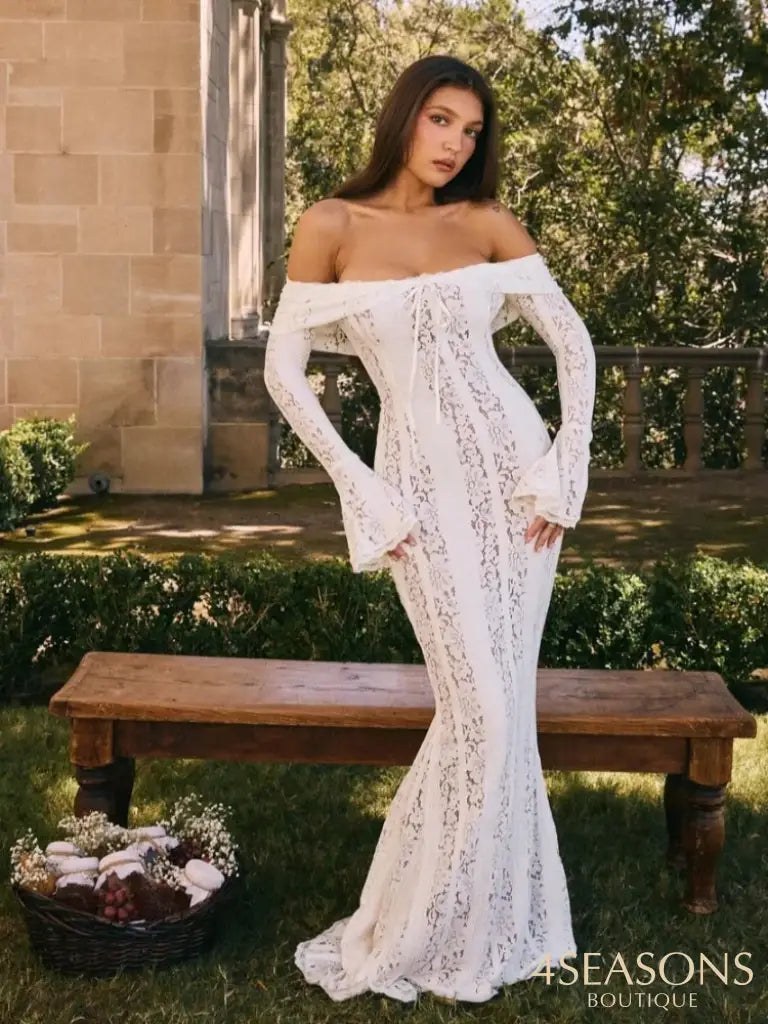 White Floral Lace Off-Shoulder Maxi Dress For Women Elegant Strapless Backless Long Sleeve Bodycon