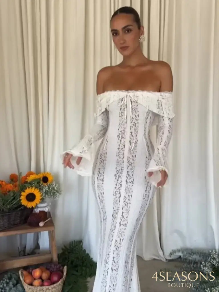 White Floral Lace Off-Shoulder Maxi Dress For Women Elegant Strapless Backless Long Sleeve Bodycon