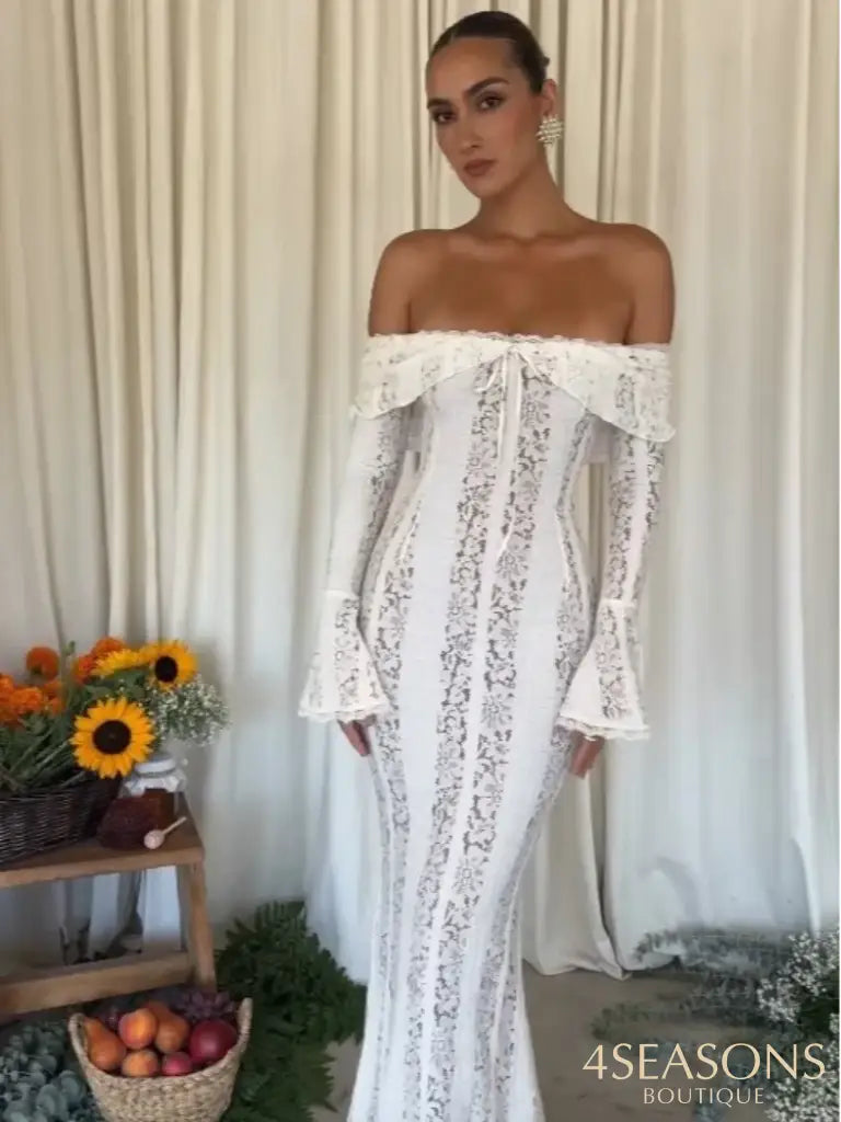 White Floral Lace Off-Shoulder Maxi Dress For Women Elegant Strapless Backless Long Sleeve Bodycon