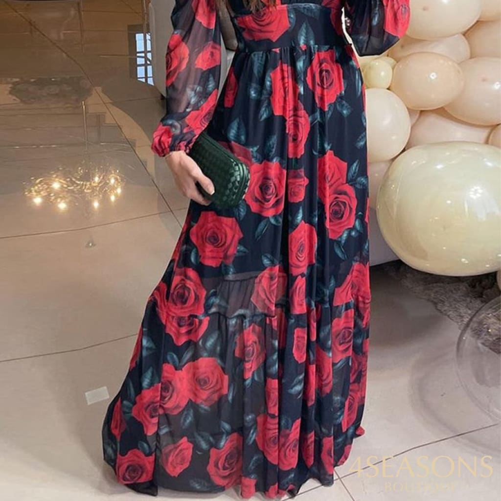 Ellafads Women Maxi Dress Autumn Elegant Fashion Long Sleeve Rose Print V Neck Nipped Waist Chiffon