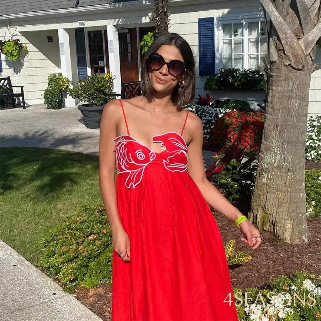 Summer 2024 New Fashion Chic Sleeveless Red Fish Shaped Bra Sling Long Dress Backless Loose Pleated