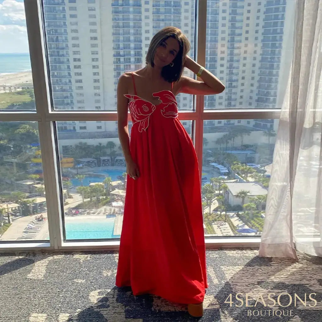 Summer 2024 New Fashion Chic Sleeveless Red Fish Shaped Bra Sling Long Dress Backless Loose Pleated