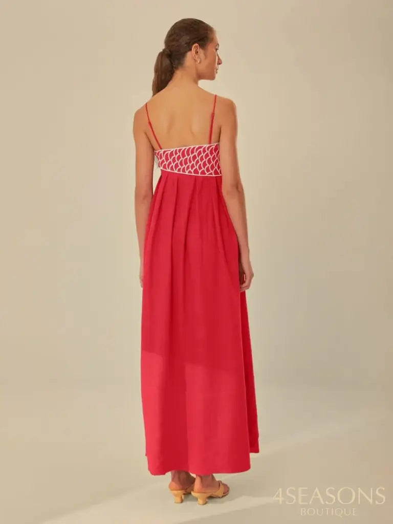 Summer 2024 New Fashion Chic Sleeveless Red Fish Shaped Bra Sling Long Dress Backless Loose Pleated