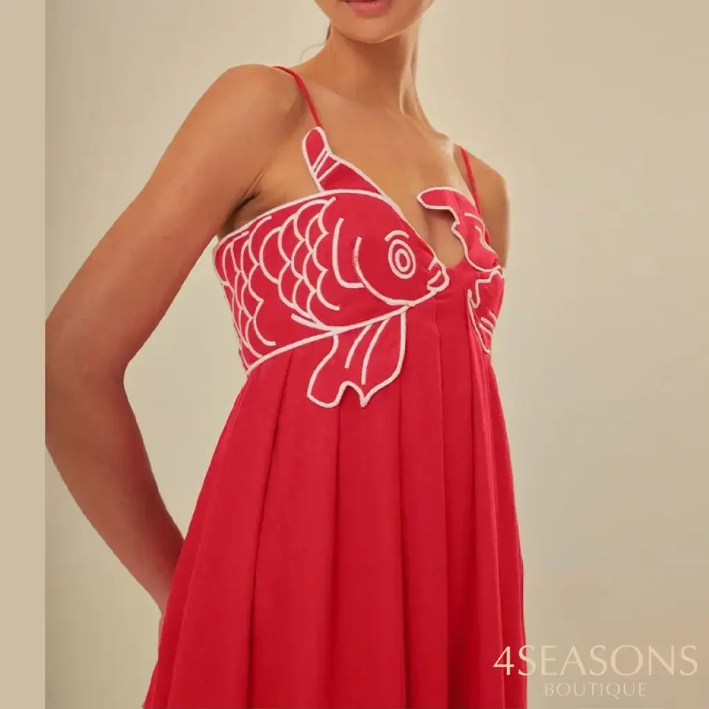Summer 2024 New Fashion Chic Sleeveless Red Fish Shaped Bra Sling Long Dress Backless Loose Pleated