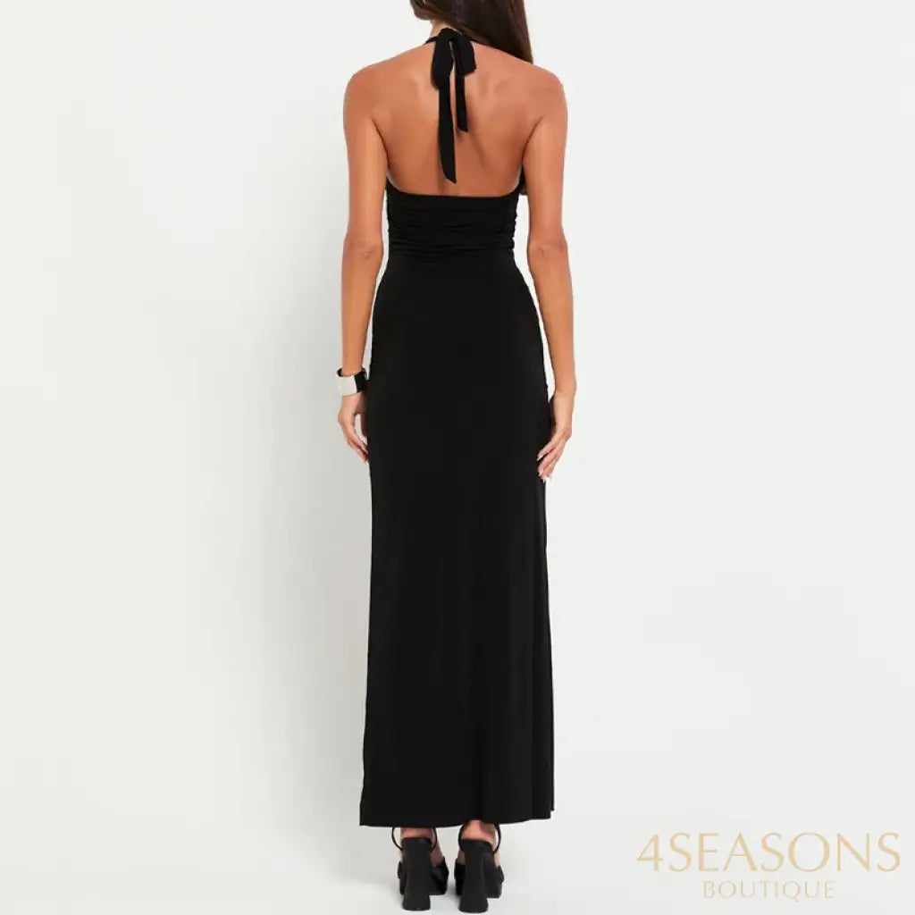 Sexy Hollow Out Maxi Dress For Women 2024 Summer Fashion Bow Halter Sleeveless Bodycon Evening