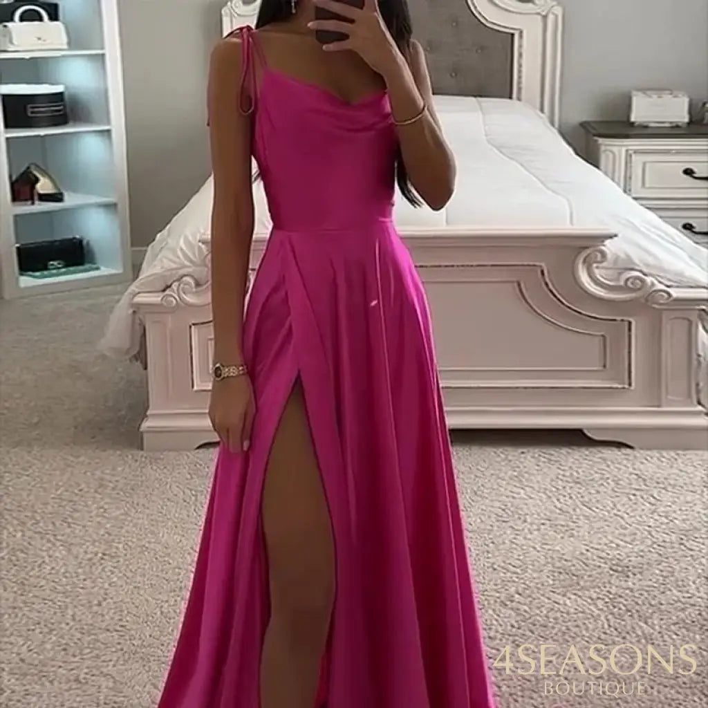 Ellafads Party Long Dress Women Summer Elegant Solid Suspender Round Neck Lace Up Slit Pleated Slim