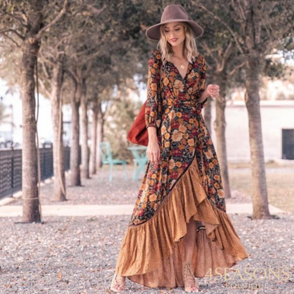 Happie Queens Women Floral Print Long Sleeve Irregular Hem Beach Bohemian Maxi Dress Ladies Boho