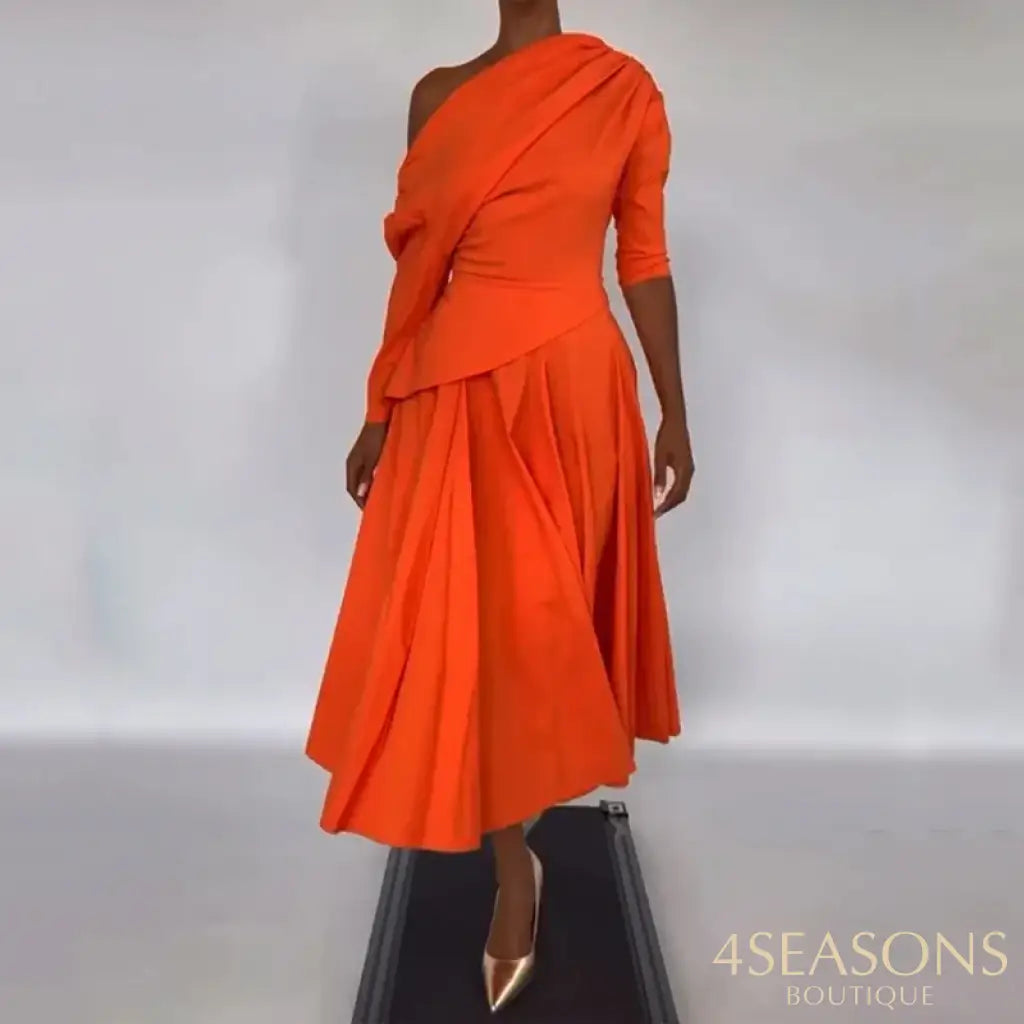 Ellafads Long Dress Women’s Summer Clothing Elegant Solid Long Sleeve One Shoulder Irregular Pleated Nipped Waist Party