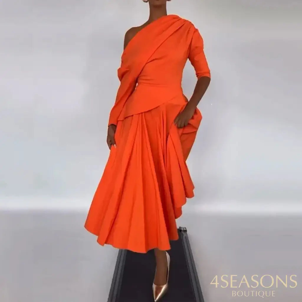 Ellafads Long Dress Women’s Summer Clothing Elegant Solid Long Sleeve One Shoulder Irregular Pleated Nipped Waist Party