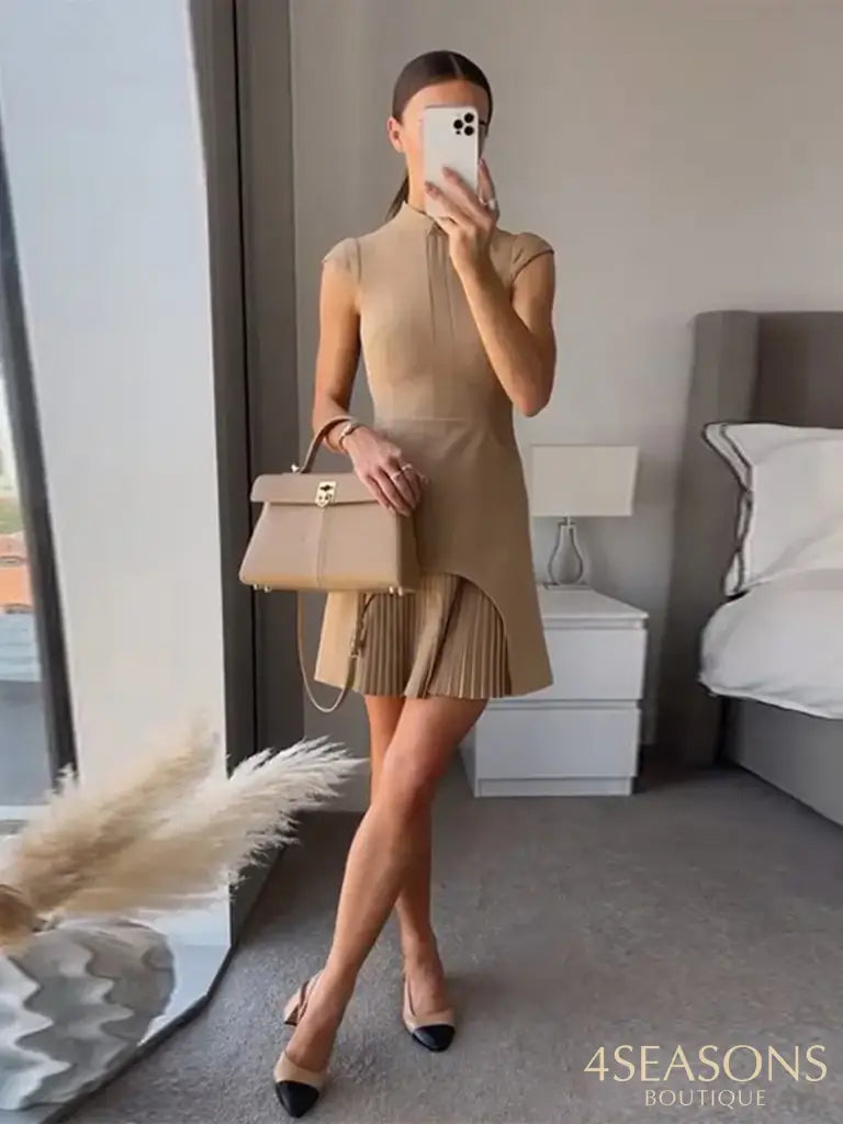 Lady Elegant Solid Pleated Hemline Mini Dress Fashion Slim Cap Sleeves Stand Neck Vestido 2024