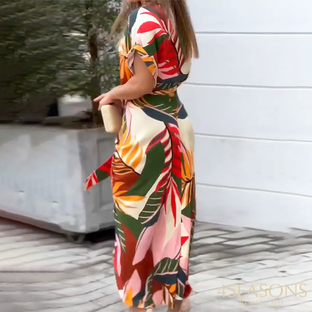 Wefads Women Lapel Tie Leaf Print Midi Dress Short Sleeve Long Skirt Sexy Party Elegant High