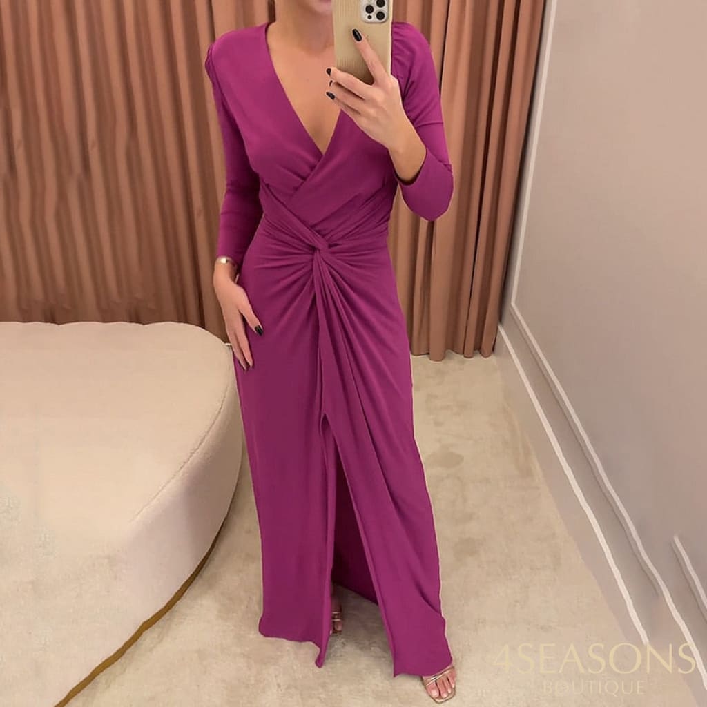 Liyong Women Maxi Dress Fashion Solid V Neck Slit Long Sleeve Pleated Nipped Waist Slim Evening