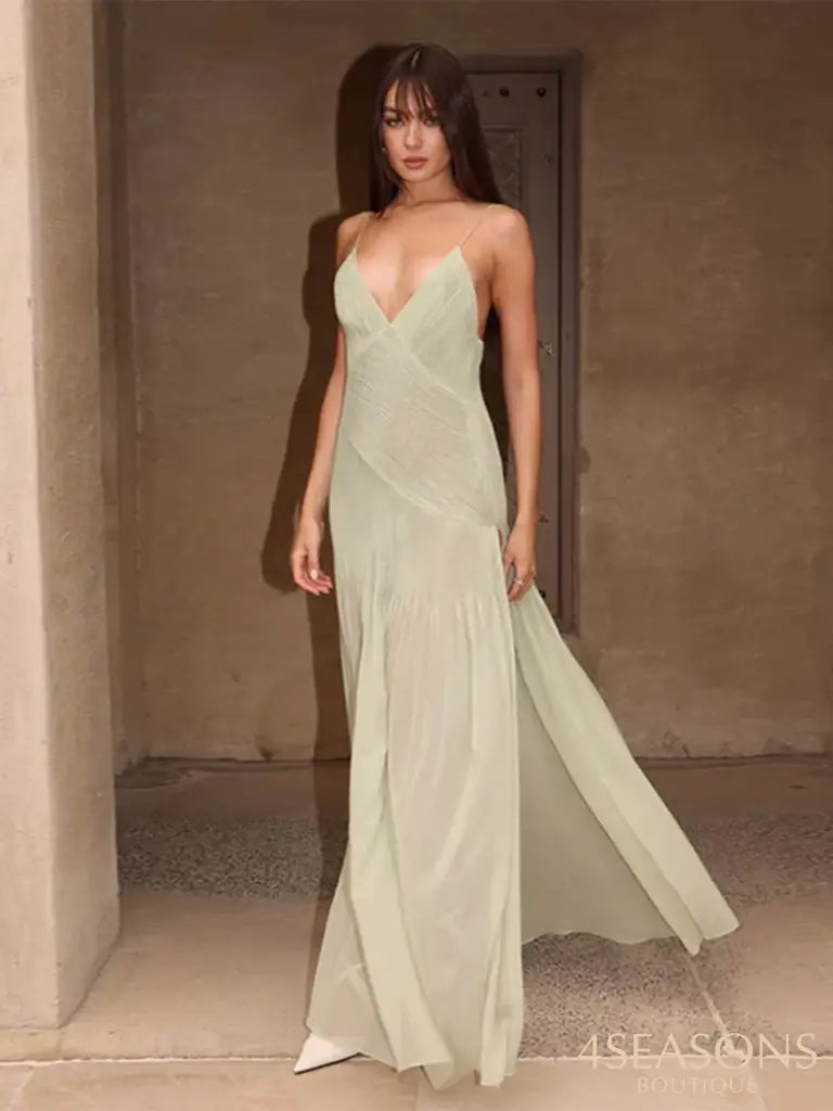 Sexy Backless Party Dress Women V-Neck Sleeveless Sling Green Maxi Female Beach Dresses 2024 Summer