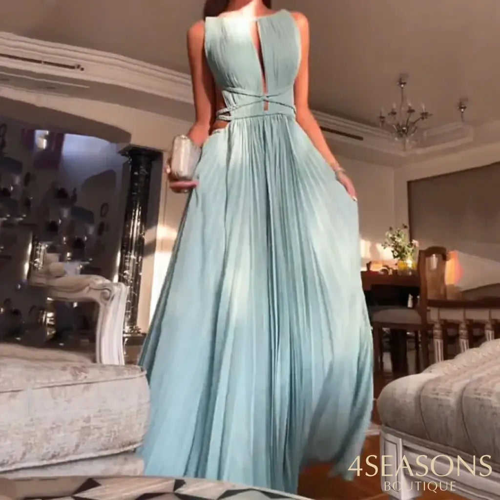 Ellafads Women Long Dress Elegant Sexy Solid Sleeveless Hollow Out Backless Lace Up Nipped Waist