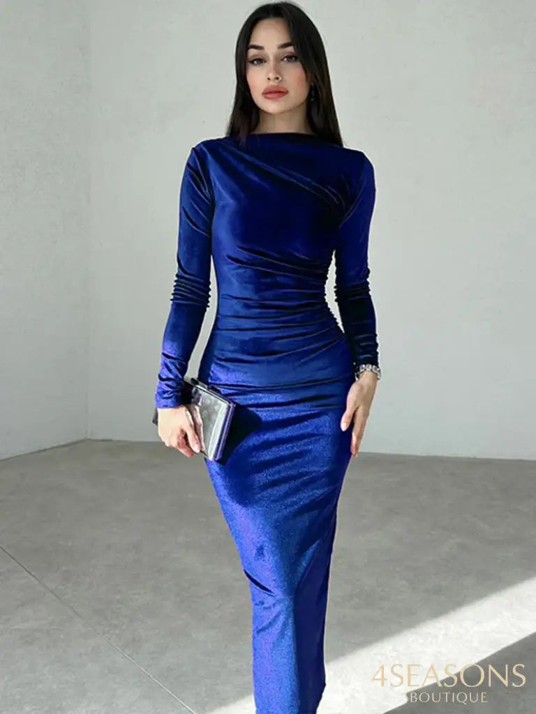 Dulzura 2024 Spring Summer Velvet Long Sleeve Midi Dress For Women Ruched Elegant Party Clothes