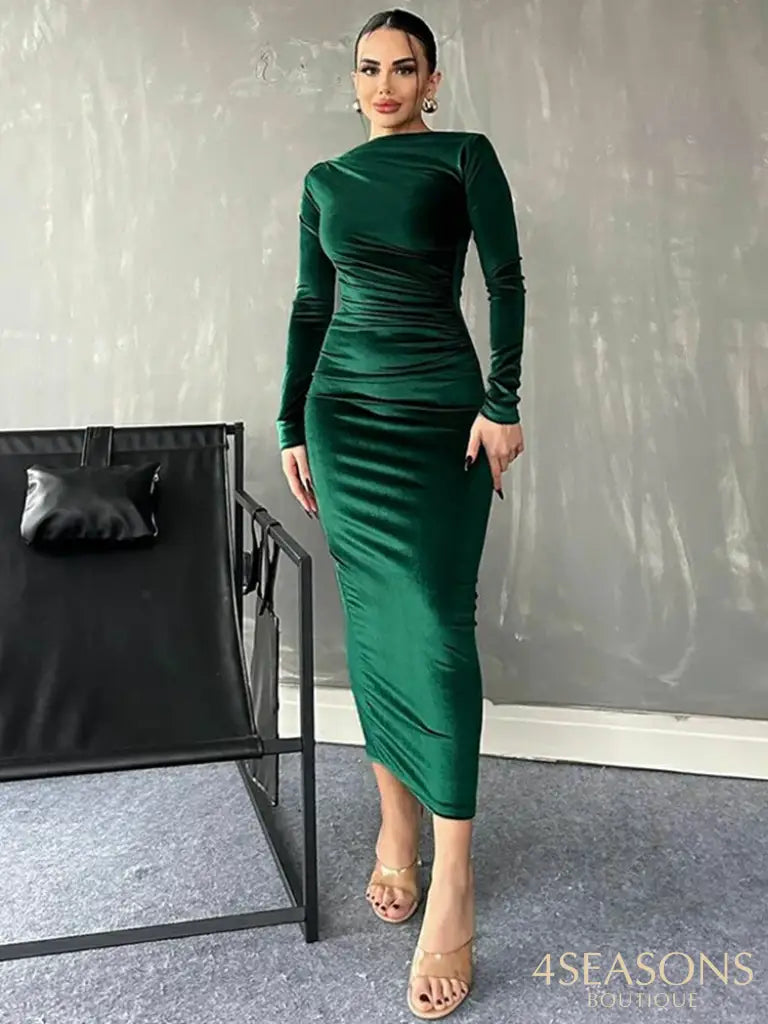 Dulzura 2024 Spring Summer Velvet Long Sleeve Midi Dress For Women Ruched Elegant Party Clothes