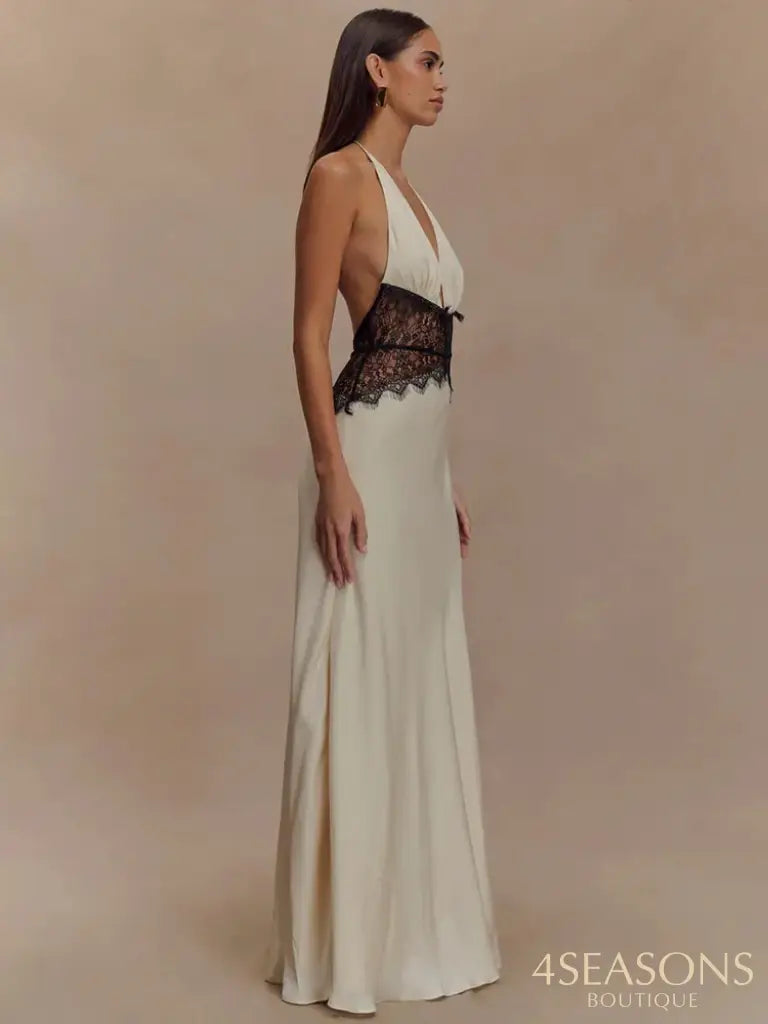 Mozision Summer Backless Sexy Maxi Dress Women Gown Patchwork Lace Halter Deep V Neck Sleeveless High Waist Elegant