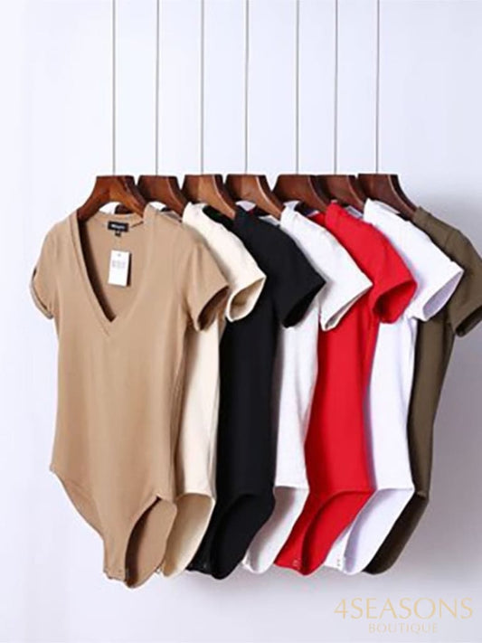Summer New Solid Color Sexy Big V-Neck Slim Slimming One-Piece Short-Sleeved T-Shirt Women's