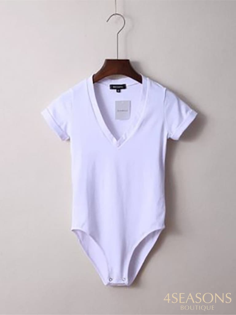 Summer New Solid Color Sexy Big V-Neck Slim Slimming One-Piece Short-Sleeved T-Shirt Women&#39;s