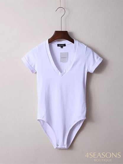 Summer New Solid Color Sexy Big V-Neck Slim Slimming One-Piece Short-Sleeved T-Shirt Women&#39;s