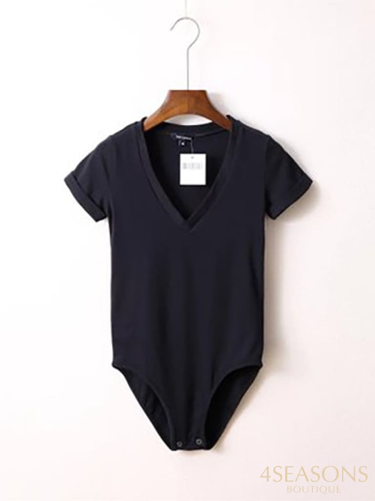 Summer New Solid Color Sexy Big V-Neck Slim Slimming One-Piece Short-Sleeved T-Shirt Women&#39;s