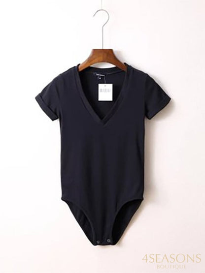 Summer New Solid Color Sexy Big V-Neck Slim Slimming One-Piece Short-Sleeved T-Shirt Women&#39;s