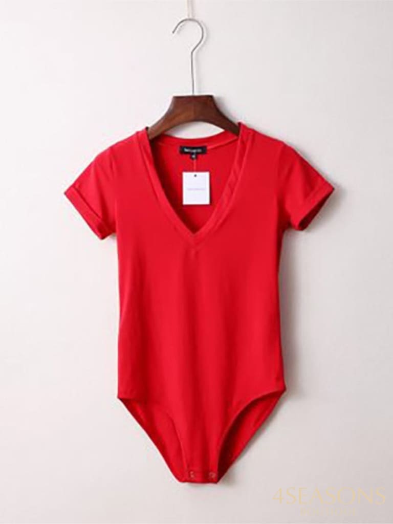 Summer New Solid Color Sexy Big V-Neck Slim Slimming One-Piece Short-Sleeved T-Shirt Women&#39;s