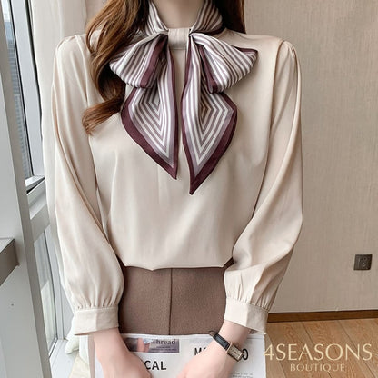 H Han Queen New 2022 Office Shirt Womens Blouses Bow Vintage Work Casual Tops Chiffon Blouse Elegant