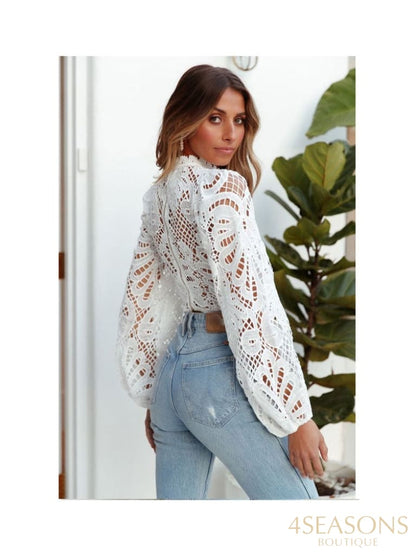 Sexy Long Sleeve Lace Blouse Women Tops Casual White Crochet Hollow Out Cropped Women&#39;s Shirt