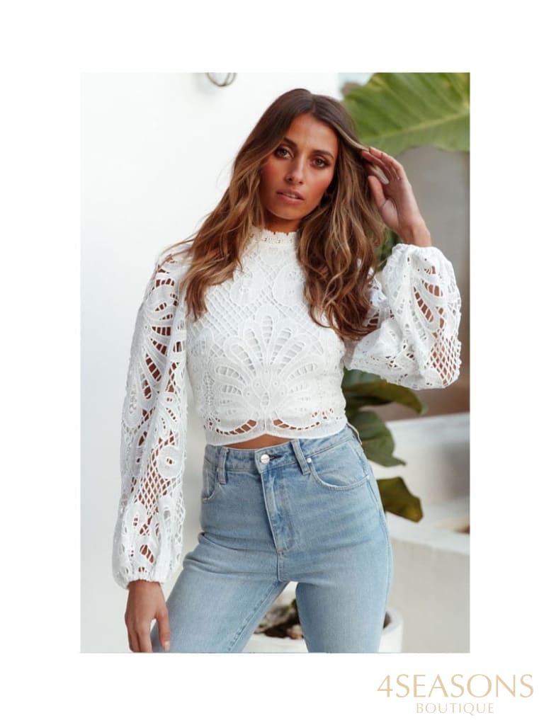 Sexy Long Sleeve Lace Blouse Women Tops Casual White Crochet Hollow Out Cropped Women&#39;s Shirt