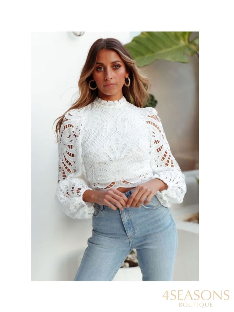 Sexy Long Sleeve Lace Blouse Women Tops Casual White Crochet Hollow Out Cropped Women&#39;s Shirt