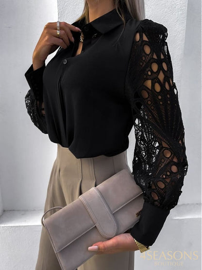 White Sexy Lace Hollow Out Women Blouse 2022 Spring Black Vintage Button Up Shirts Top Long Sleeve