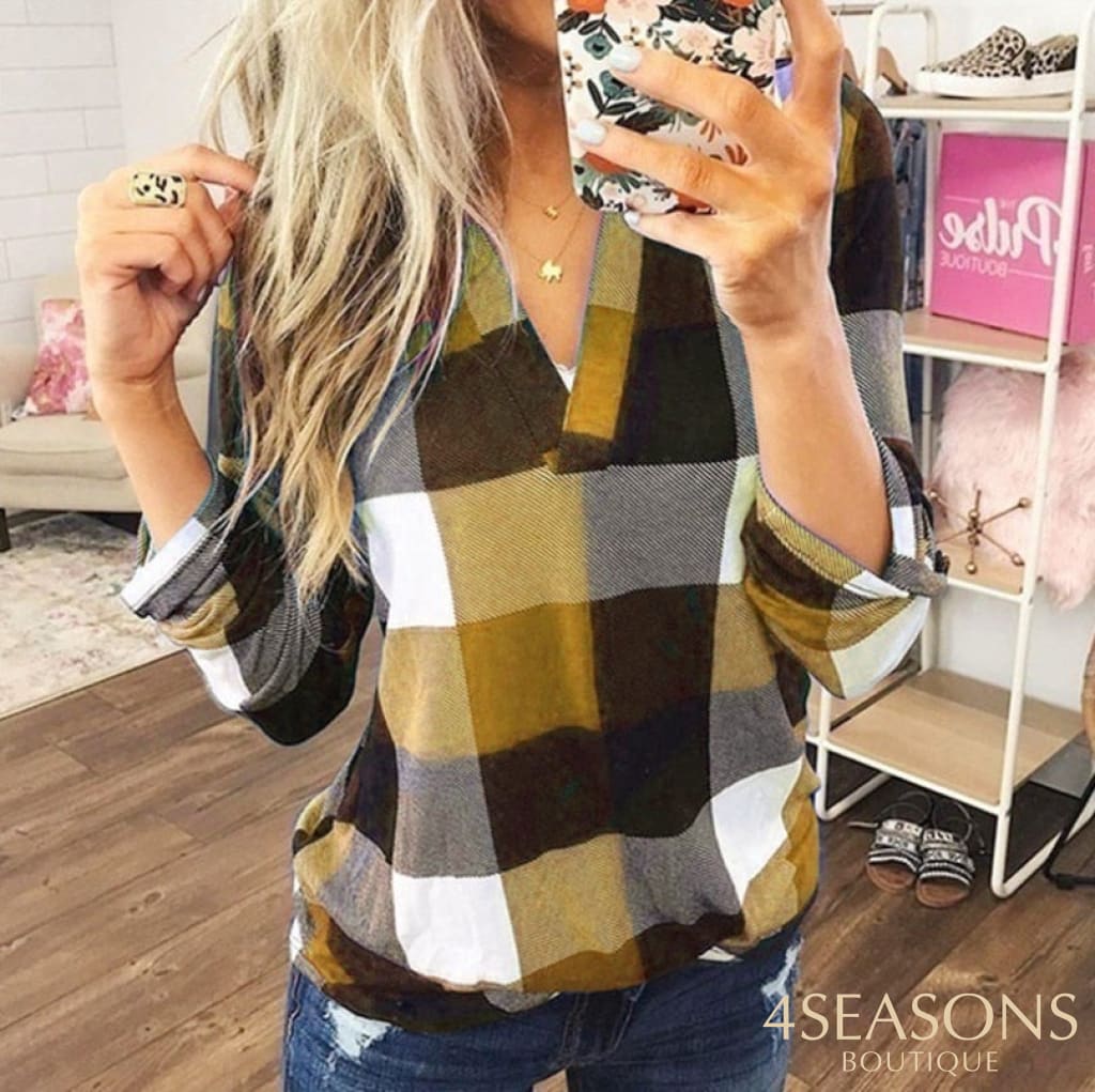 2022 Women Shirts Autumn Casual Plaid Shirt For Tops And Blouses Long Sleeve Red Ladies Yellow / S