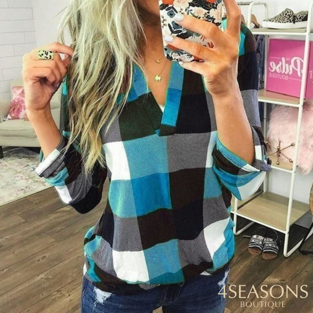 2022 Women Shirts Autumn Casual Plaid Shirt For Tops And Blouses Long Sleeve Red Ladies Aqua Blue /