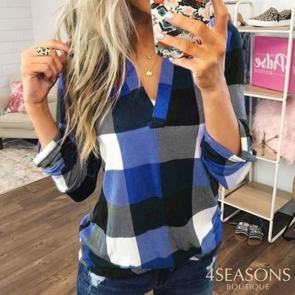 2022 Women Shirts Autumn Casual Plaid Shirt For Tops And Blouses Long Sleeve Red Ladies Blue / S