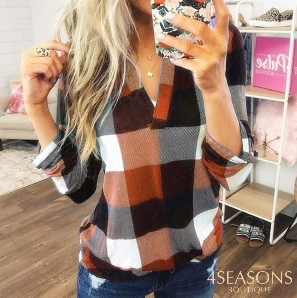 2022 Women Shirts Autumn Casual Plaid Shirt For Tops And Blouses Long Sleeve Red Ladies Orange / S