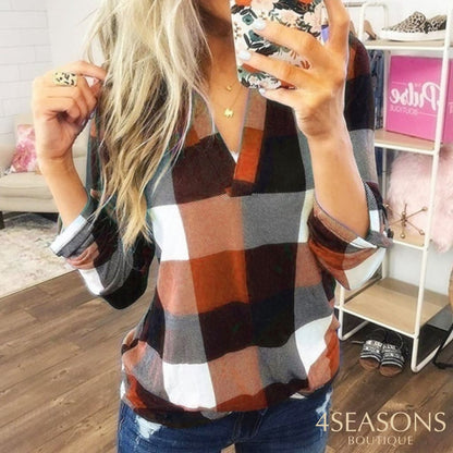 2022 Women Shirts Autumn Casual Plaid Shirt For Tops And Blouses Long Sleeve Red Ladies Orange / S