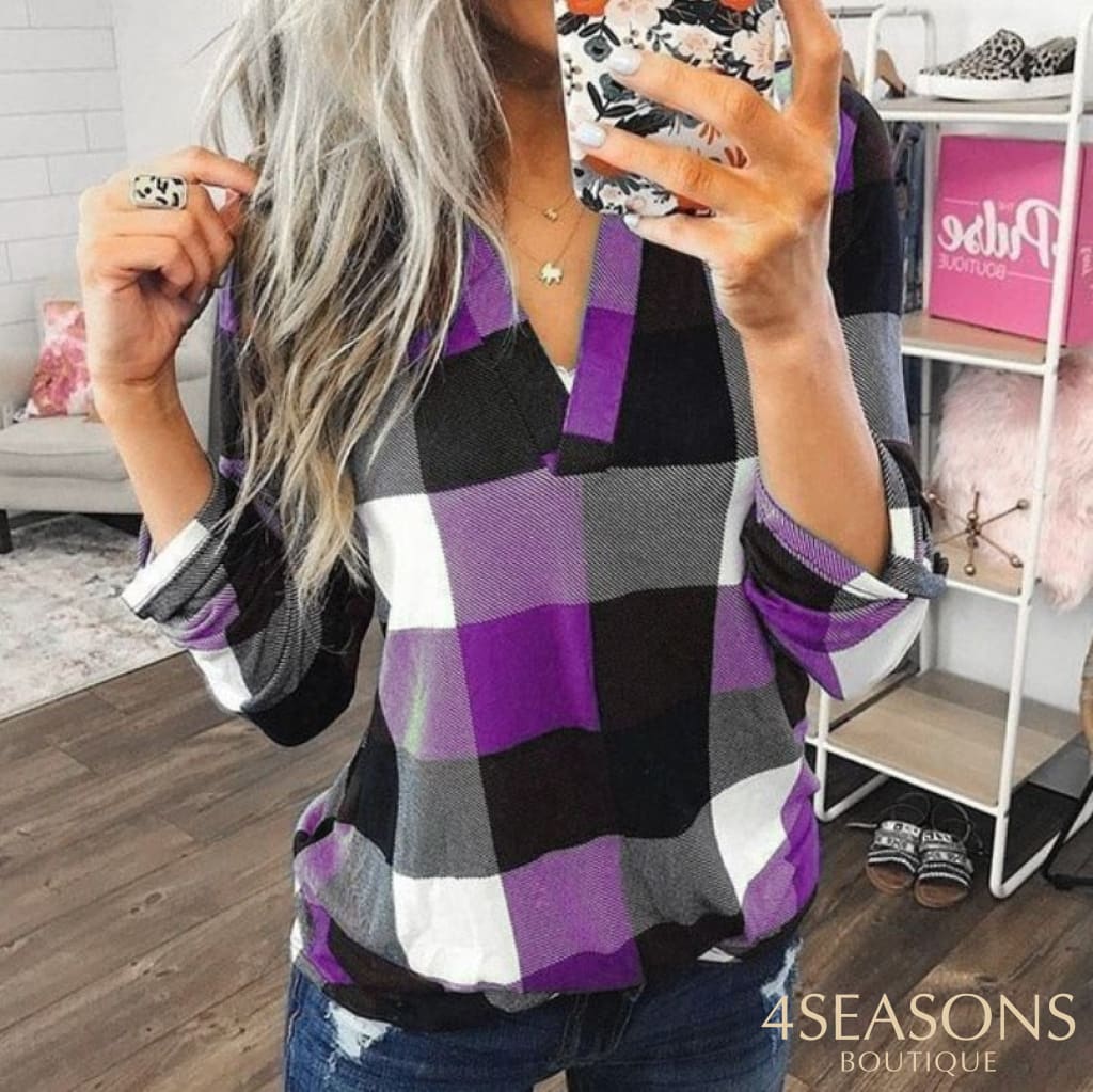 2022 Women Shirts Autumn Casual Plaid Shirt For Tops And Blouses Long Sleeve Red Ladies Purple / S