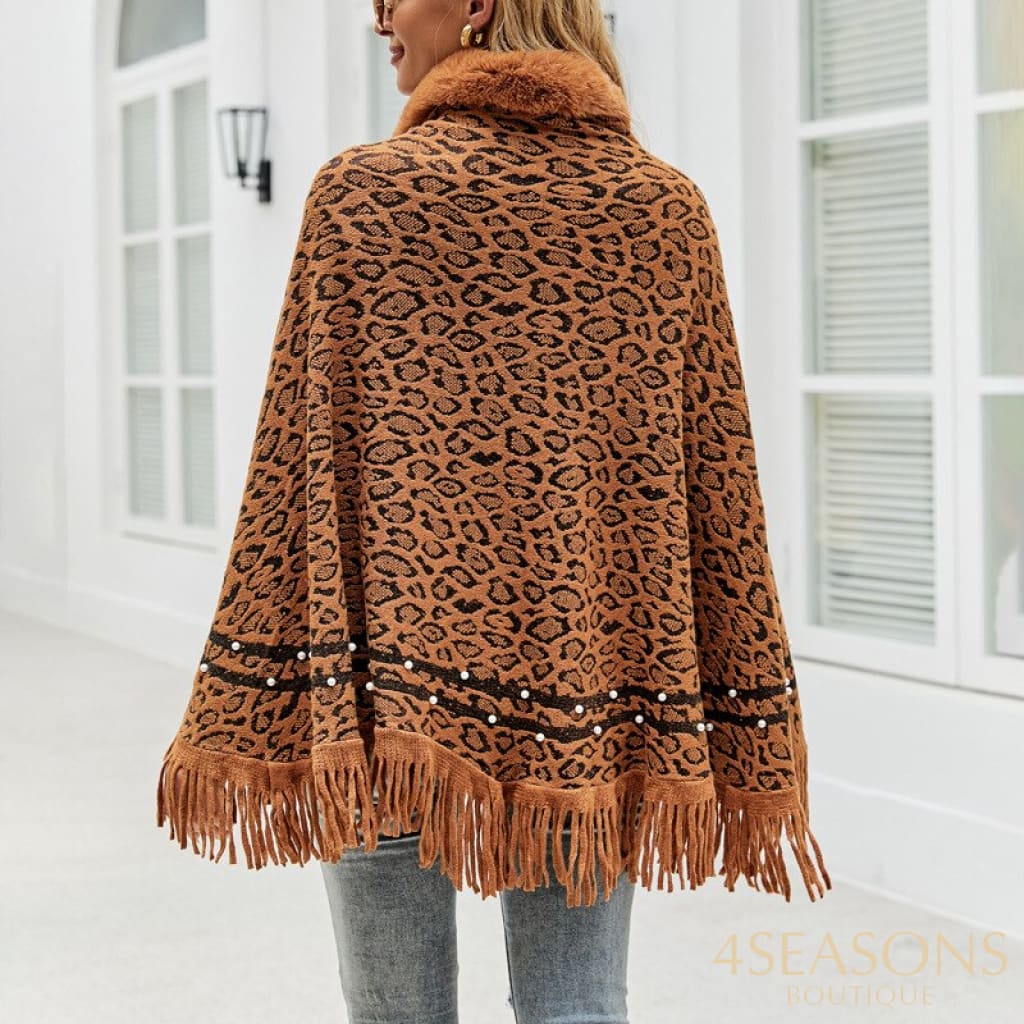 Pullovers Women Sweaters Leopard Grain Collars Tassel Hem Autumn Winters Warm Knitting Scarf Shawl